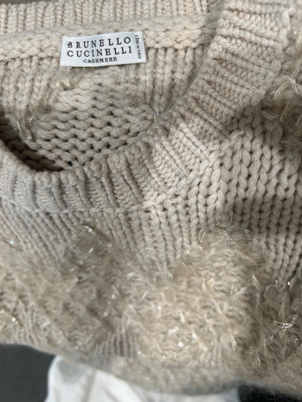 Brunello Cucinelli Cream Cashmere Crewneck Sweater with Metallic Stitching - Picture 2 of 5